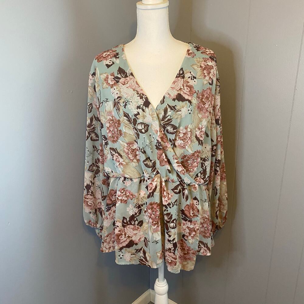 Ophelia Roe Green Floral Faux Wrap V-Neck Blouse Peplum Top 3X